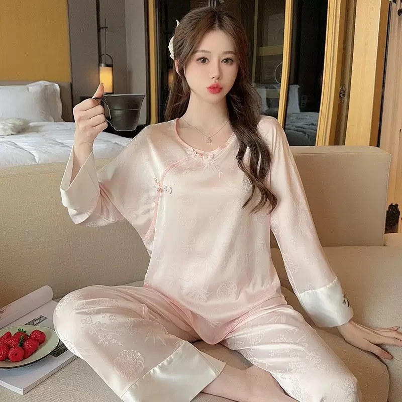 新中式民国风盘扣提花古风冰丝睡衣女春夏季高级家居蕾丝吊带睡裙