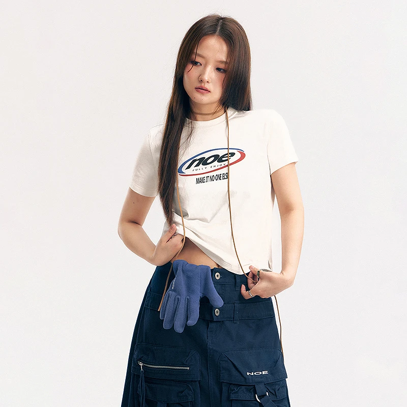 【龙韵竹同款】NO ONE ELSE美式复古女装休闲短袖上衣修身印花T恤