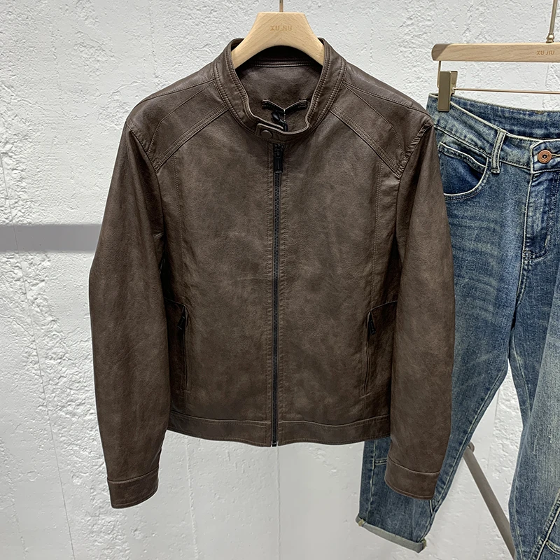 秋季高级感美拉德棕色立领机车皮衣外套男韩版潮流修身百搭皮夹克