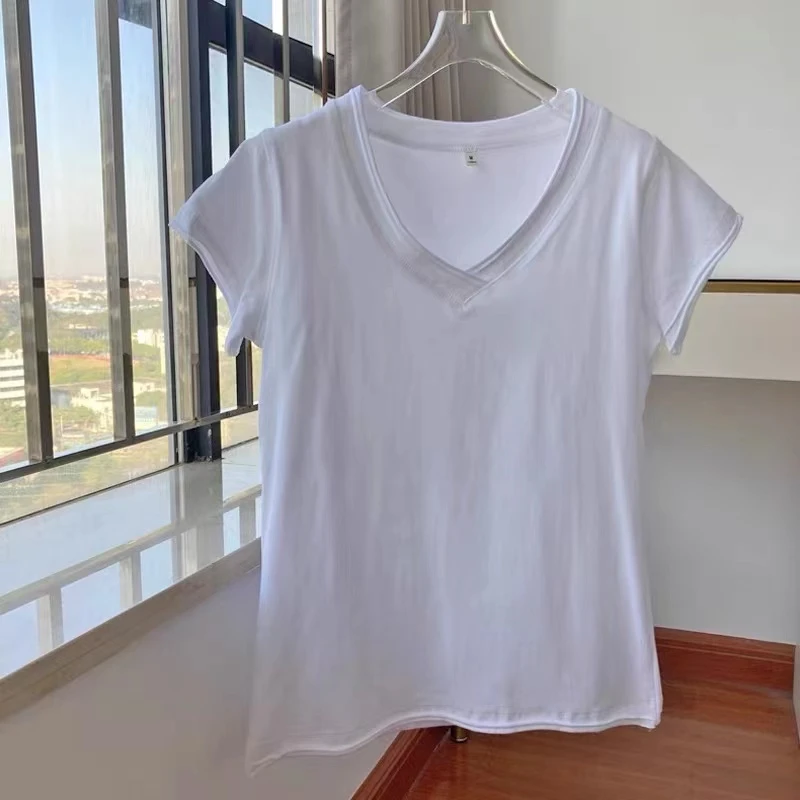 V领短袖日系极简V领T恤针织露背背心圆领舒适纯色