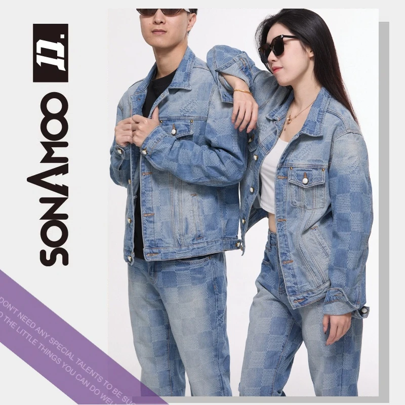 【一亿】sonAmoo棋盘格满提花洗水男士秋冬牛仔外套装D18890