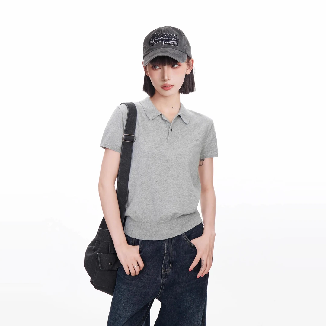 灰色polo领针织短袖t恤女夏季时髦正肩短款法式复古薄款冰丝上衣