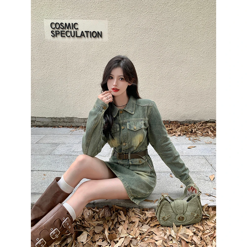 HKDQ【日暮牛仔】秋季大码女装复古做旧纯色长袖牛仔连衣裙胖mm显瘦