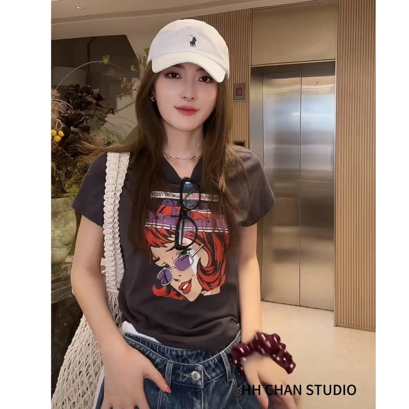 HH.CHAN“今夜不回家”100%棉定制小版美式圆领深灰短袖HH52D36266