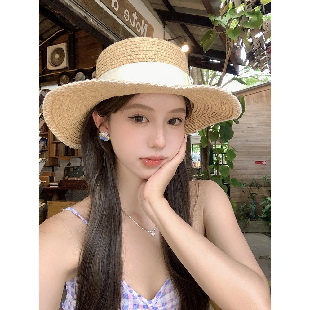 法式拉菲草编织平顶草帽女春夏季度假风大帽檐遮阳帽沙滩礼帽