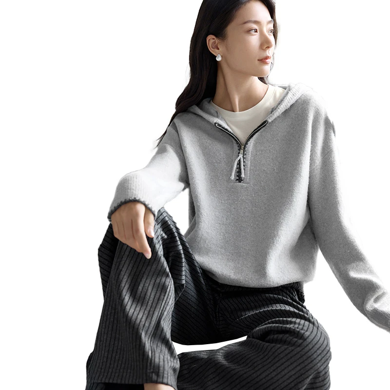 IHIMI/海谧【温暖系北欧风连帽套头毛衣】冬季女款简约宽松撞色拉链