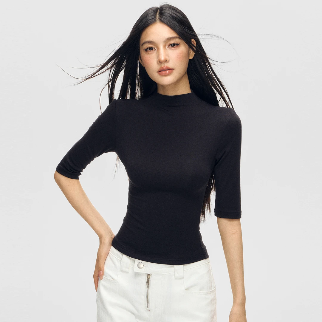 莫代尔黑色中袖上衣女夏季半高领正肩修身秋装女款爆款2025新款