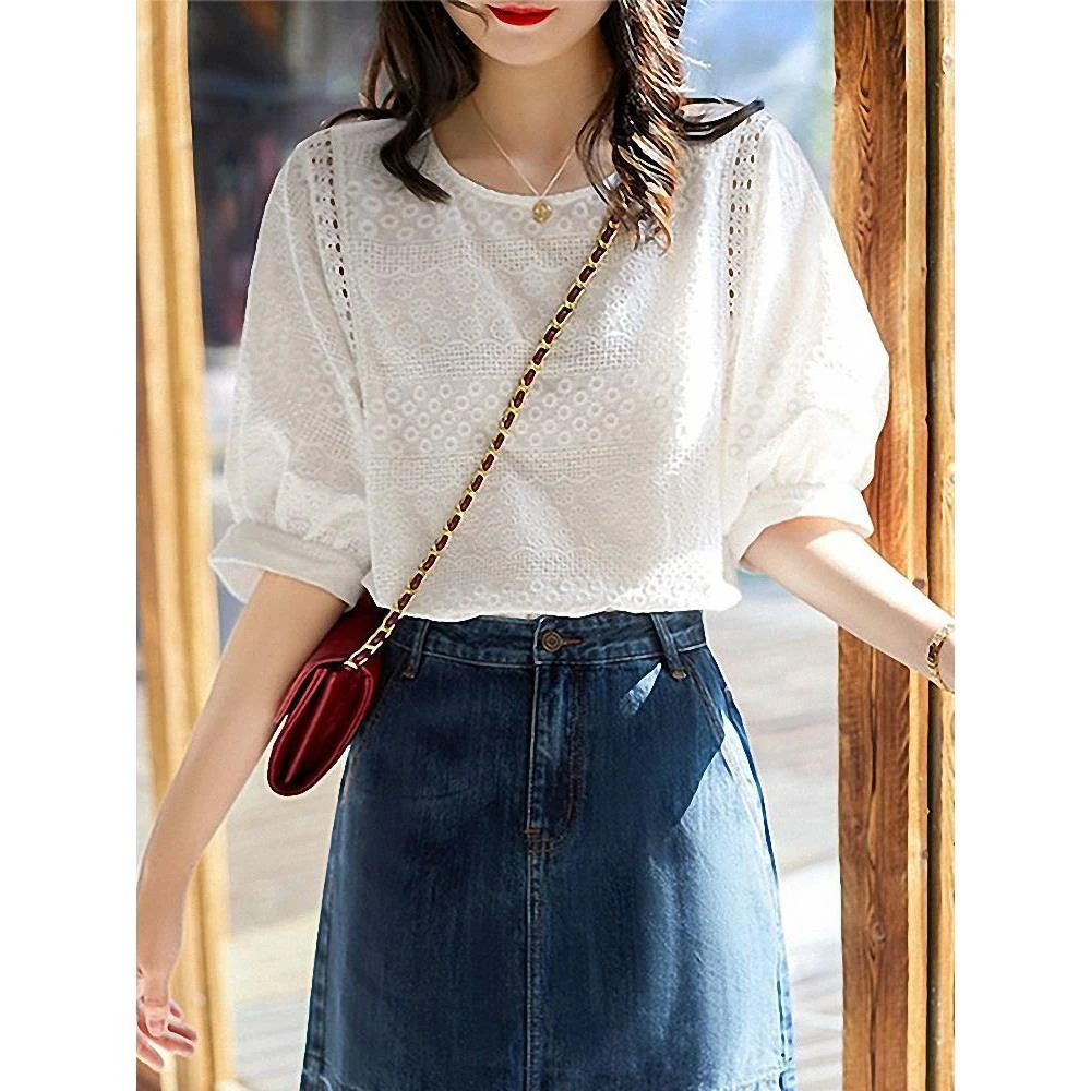 棉质2025年夏季复古刺绣长短袖白蓝女新款镂空宽松百搭超仙灯笼袖