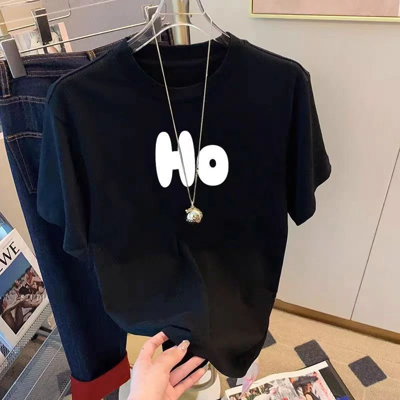 夏季爆款纯棉时尚百搭宽松印花圆领韩版洋气短款黑色半袖学生108