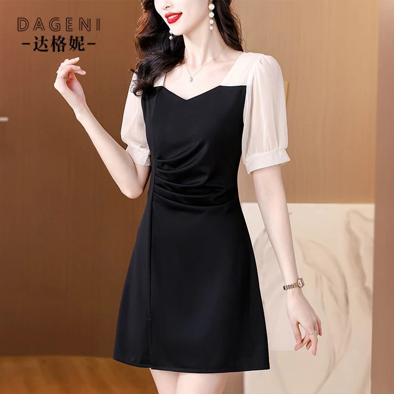 法式泡泡袖雪纺连衣裙女2025夏季新款赫本风遮肉显瘦开叉小黑裙子