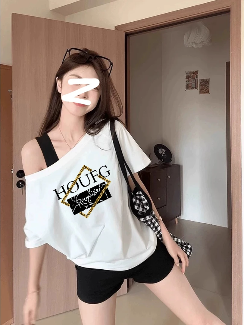 大码设计感撞色假两件斜肩短袖t恤女夏新款胖mm显瘦遮肉露肩上衣