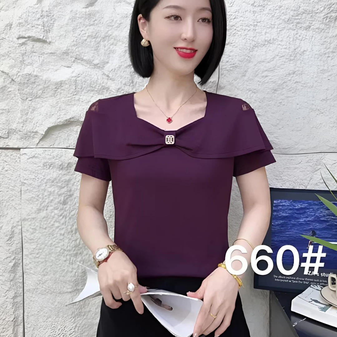夏季新款时尚蝴蝶结蕾丝露肩设计T恤休闲百搭气质短袖上衣M660