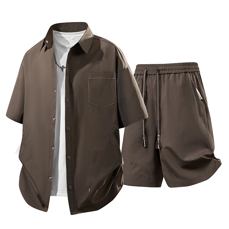 痞帅冰丝套装男士夏季凉感复古透气潮流衬衫外套短袖五分裤两件套