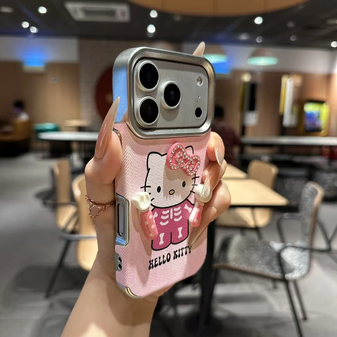 牛仔彩绘KT猫电镀大视窗适用苹果17proMax防摔手机壳iPhone16可爱