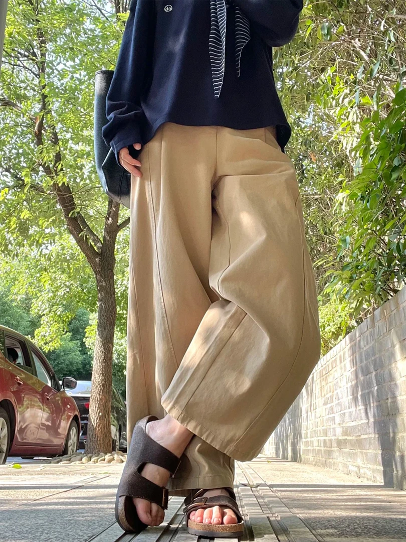 慵懒风卡其色阔腿长裤女2025新款胖妹妹mm遮胯显瘦宽松直筒休闲裤
