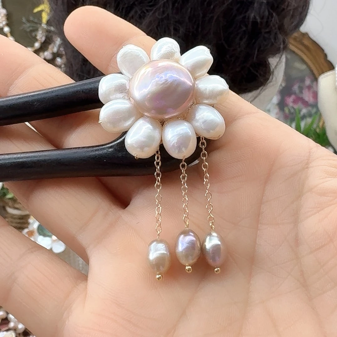 战***粉银S925镶嵌淡水珍珠发饰