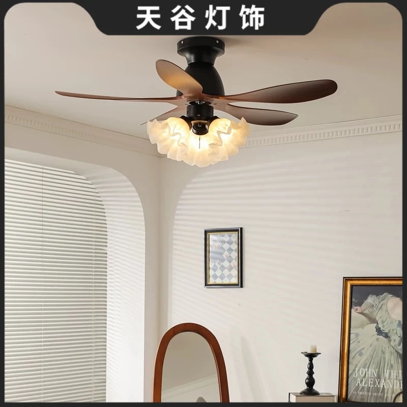 铃兰花朵风扇灯复古中古风吊扇灯卧室灯静音新款餐厅中山灯具