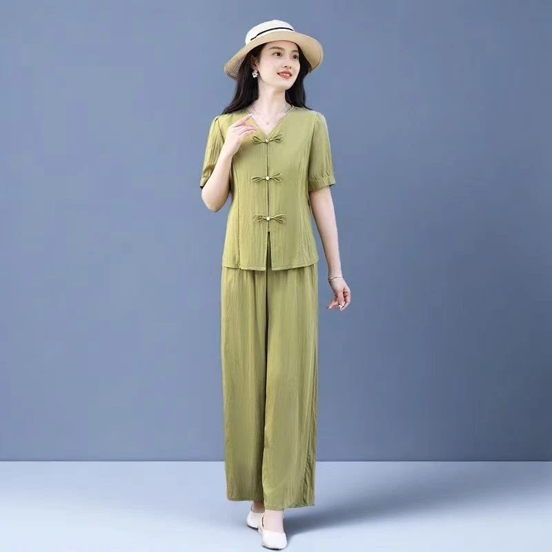 夏季妈妈套装气质减龄两件套上衣+裤子大码女装短袖T恤时尚套装女