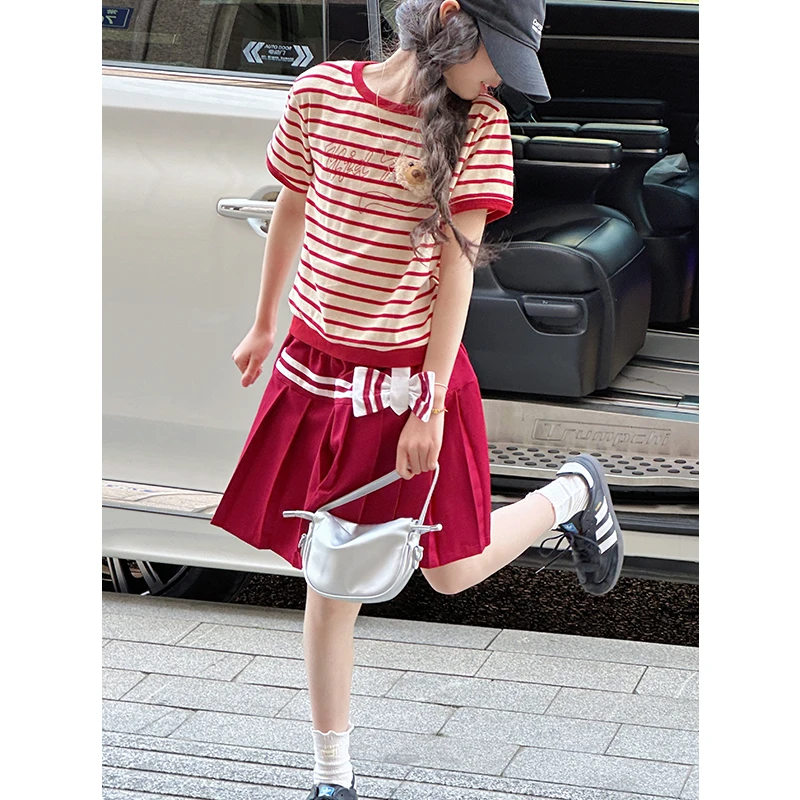 K28778韩系条纹女童短袖套装裙2025新款大童儿童短袖休闲两件套薄