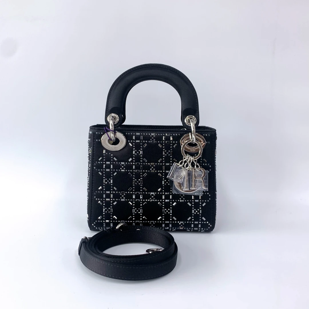 99新 DIOR/迪奥 黑色银扣 缎面三格戴妃 手提斜挎包