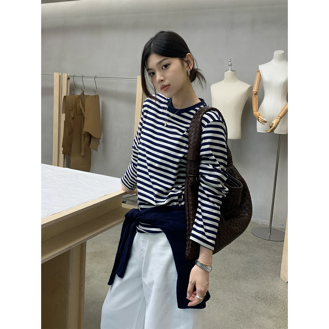 Miss sumey#1410自制韩版撞色条纹T恤女日常亲肤长袖内搭圆领上衣