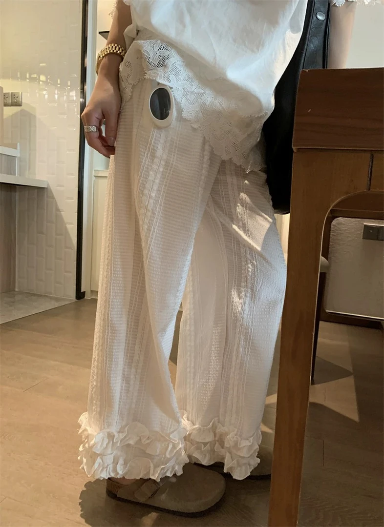 提花刺绣白色花边九分裤女小个子2025夏季新款垂感直筒阔腿休闲裤