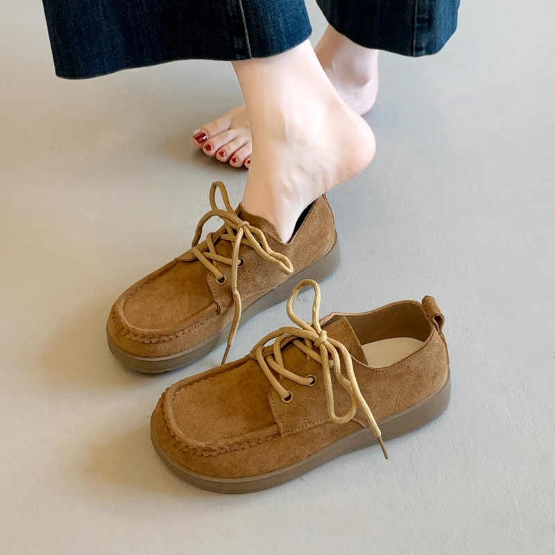 乐福勃肯鞋女厚底复古单鞋女款2025新款春秋季系带豆豆鞋网红休闲