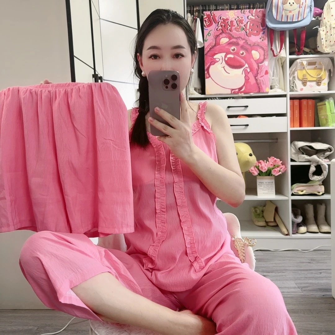 2025夏季新款睡衣女家居服软棉纱带胸垫可外穿三件套