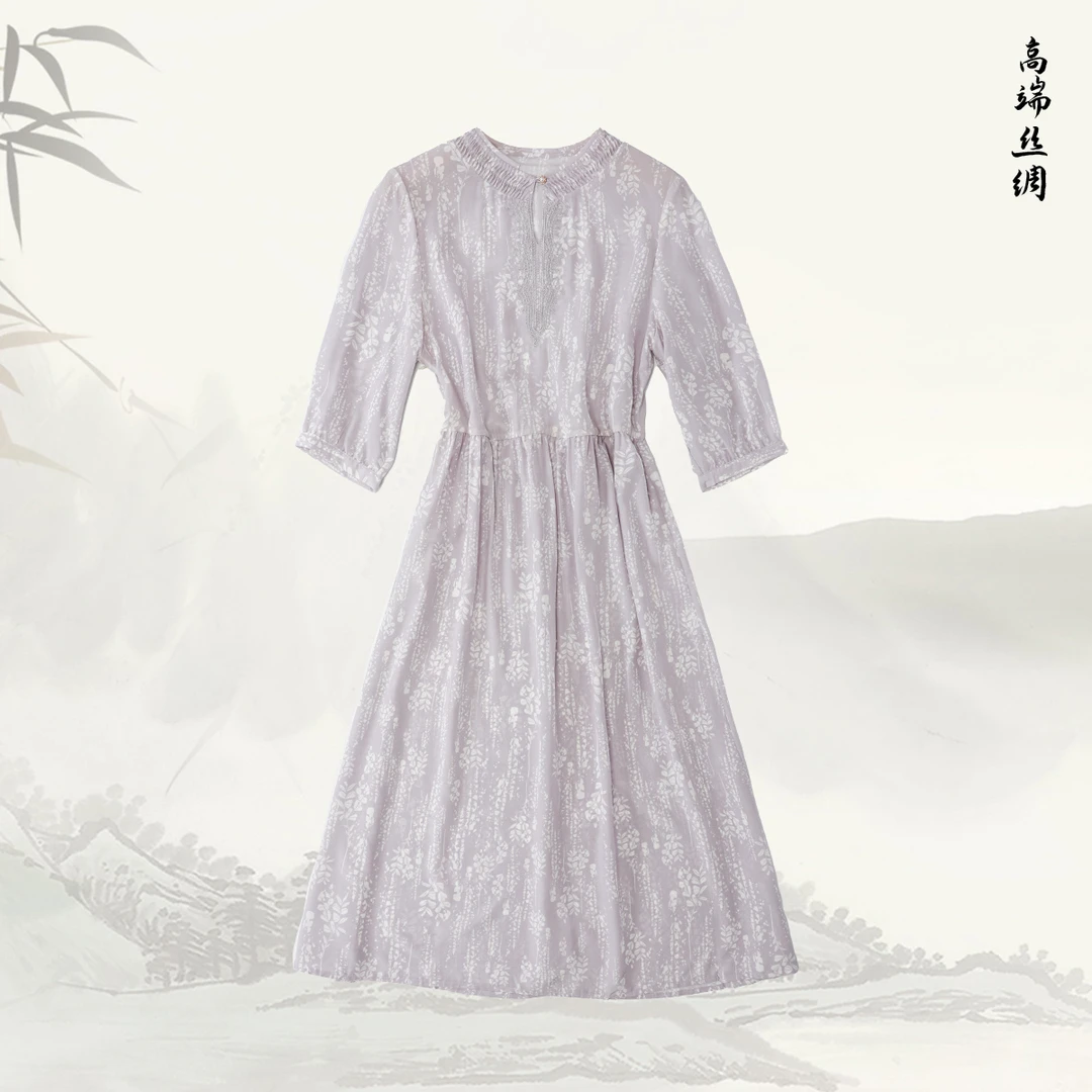 品牌新款桑蚕丝圆领宽松休闲舒适五分袖连衣裙51211