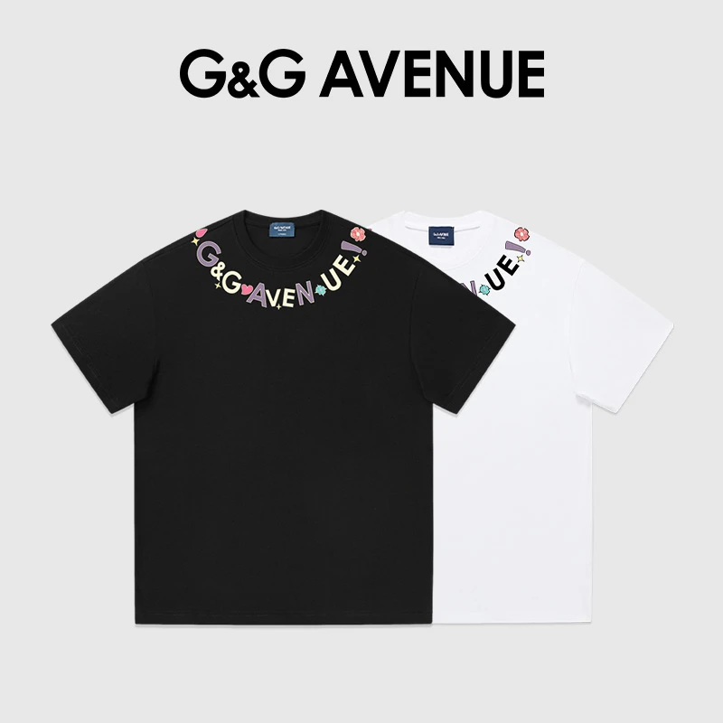 G&G Avenue短袖夏季情侣纯棉花卉印花圆领T恤宽松上衣新中式百搭