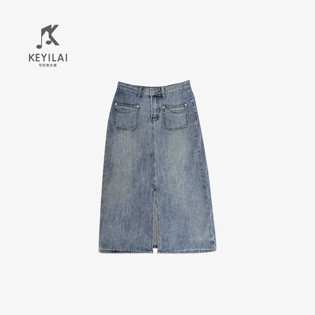 KYL可依莱-复古高腰开叉牛仔裙半身裙DQ5T1101
