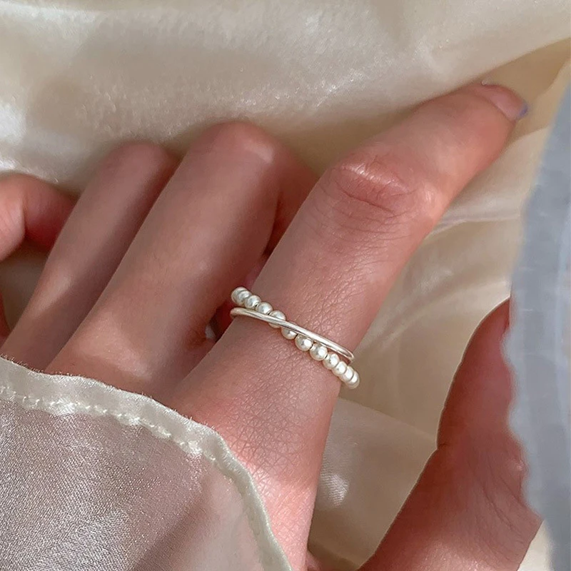 CK 925银陶瓷戒指 925银施家珍珠素圈双层戒指女款气质温婉小众高