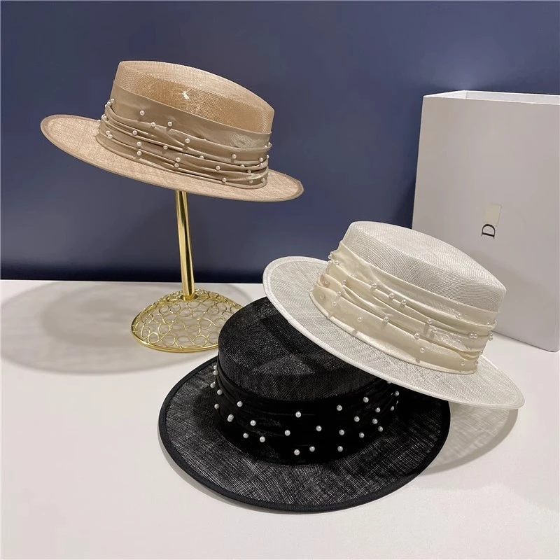 帽子新款麻纱英伦女帽夏帽平顶帽透气休闲珍珠百搭礼帽海边遮阳帽