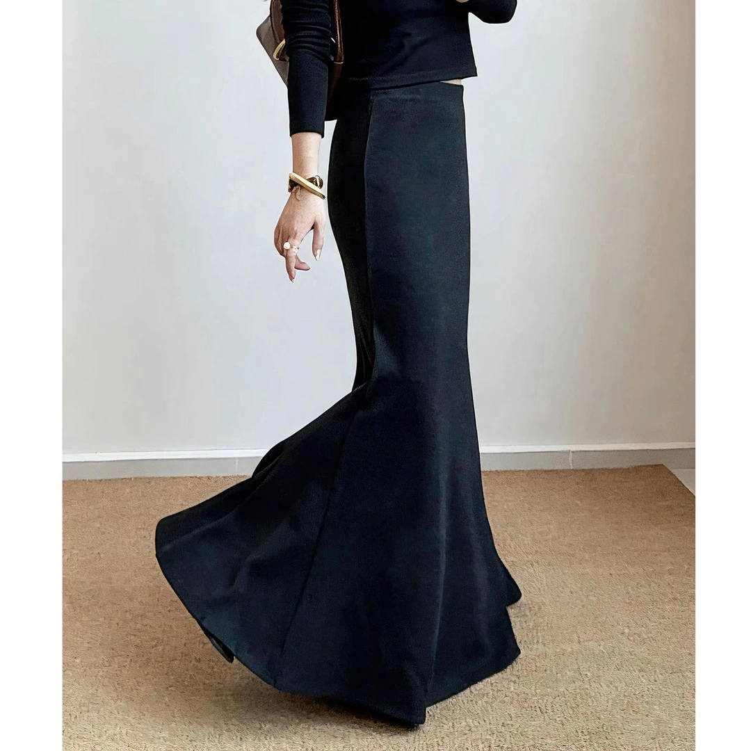 【不加绒步步生莲-气质鱼尾裙】高腰显瘦质感中长款半身裙黑色高腰