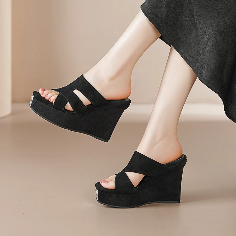 10cm百搭防水台坡跟凉拖鞋夏季新款真皮方头露趾超高跟厚底拖鞋