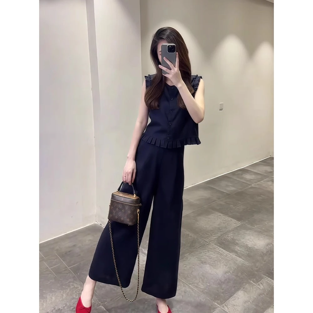 欧货洋气时尚套装女夏季小个子毛边设计无袖上衣高腰阔腿裤两件套