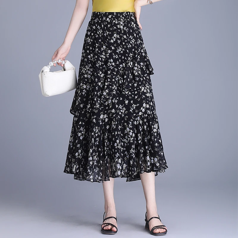 拉夏贝尔A字裙半身裙2025夏高腰显瘦中长款不规则蛋糕裙雪纺碎花