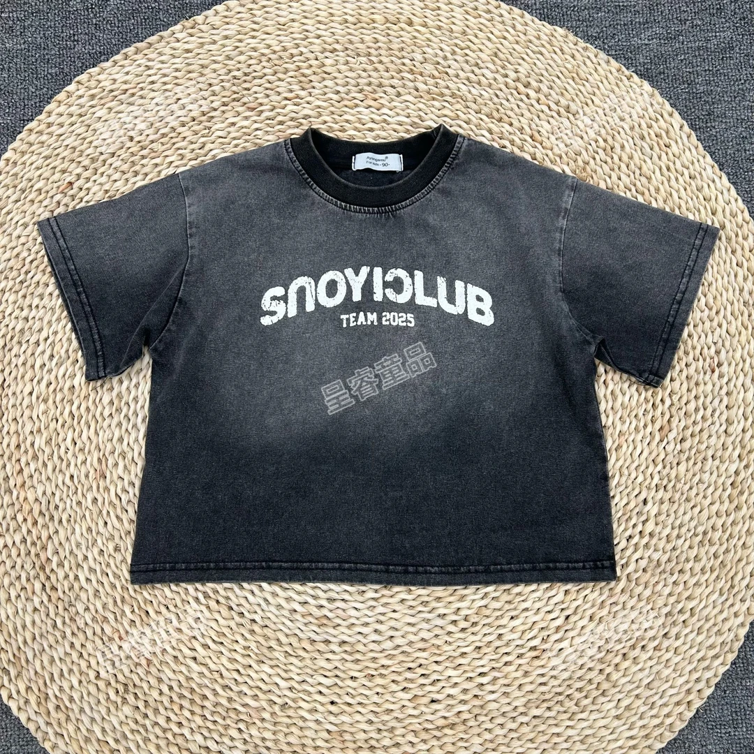 2025年夏季新款男童t恤洋气时尚吊染做旧洗褪色男宝宝上衣潮款