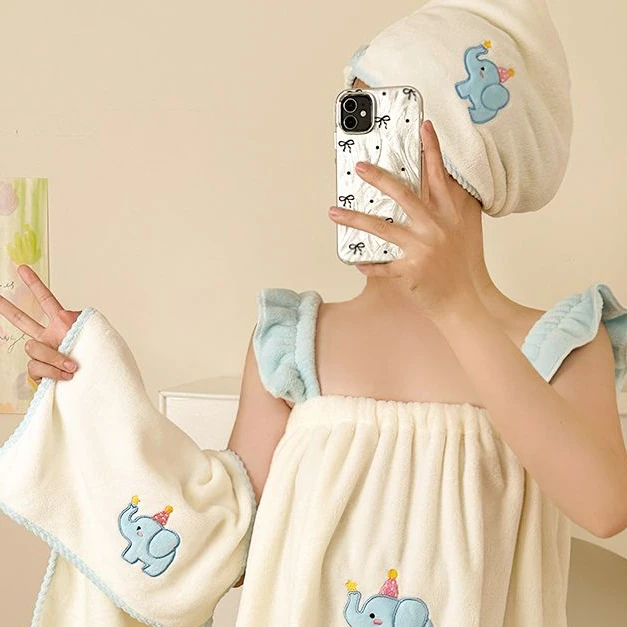 可爱小象浴巾毛巾家用浴裙吊带背心浴袍可穿可裹吸水速干浴室女JY