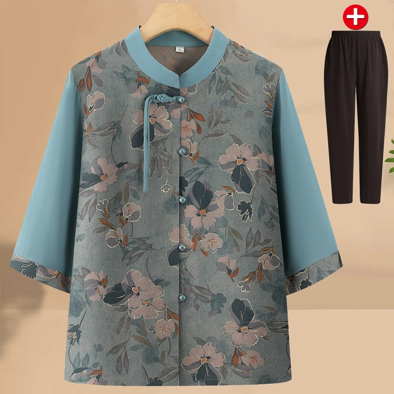 老年人夏装女奶奶七分袖衬衫宽松老太太开衫上衣薄款妈妈夏季套装