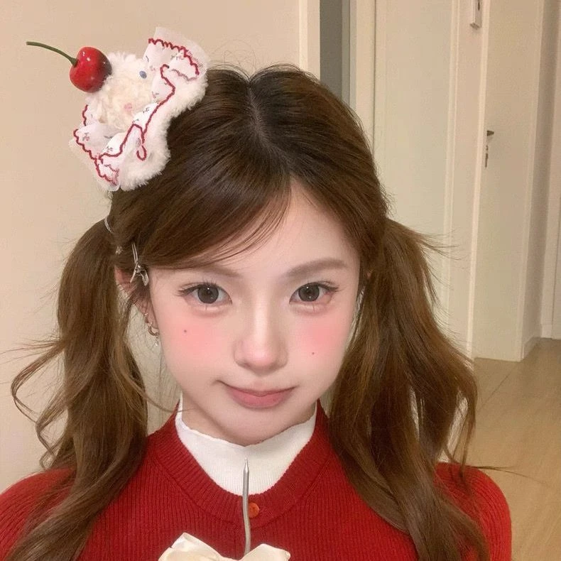 红色豹纹樱桃蛋糕发夹鸭嘴夹圣诞新年氛围感拍照发饰发卡头饰