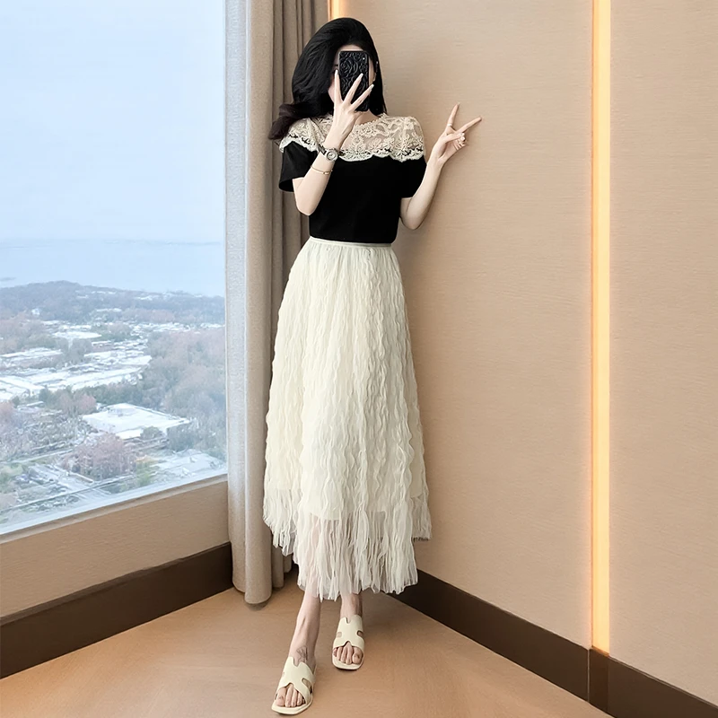 休闲套装女两件套显瘦气质时尚高腰蕾丝夏季中长款短袖百褶网纱裙