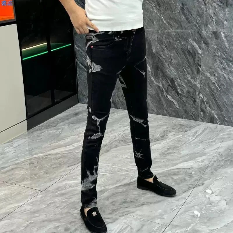 水墨黑牛仔裤男士2025秋季新款设计感泼墨修身潮流个性水洗长裤子