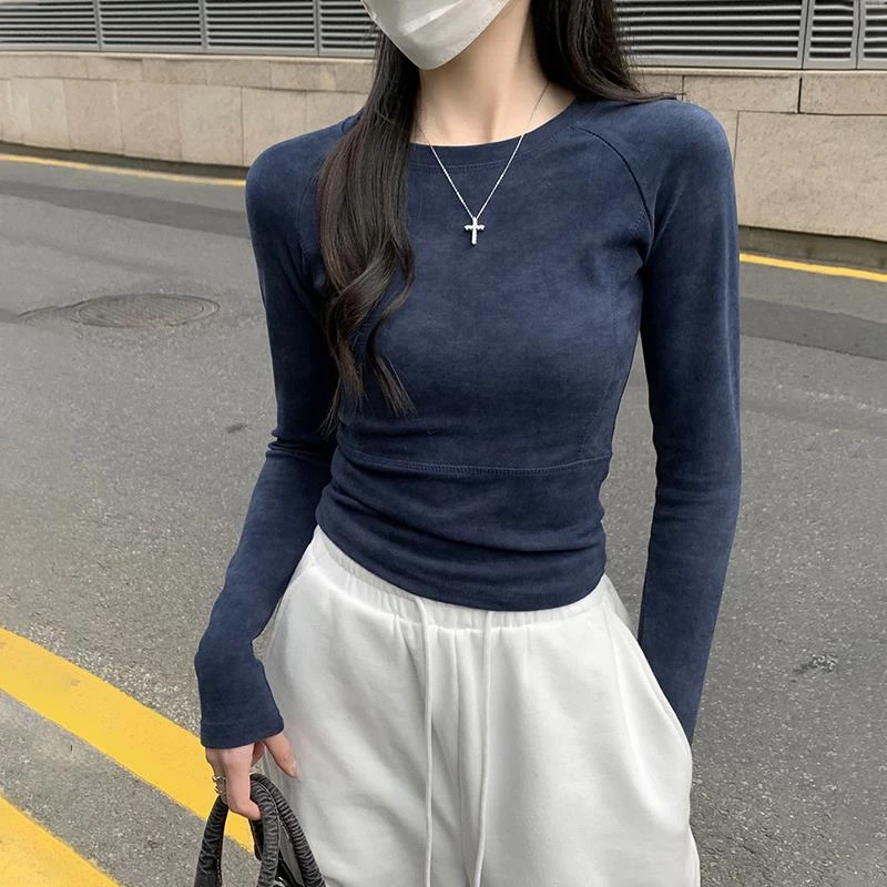 甜酷小众设计感扎染长袖T恤女春秋韩版修身别致短款上衣打底衫