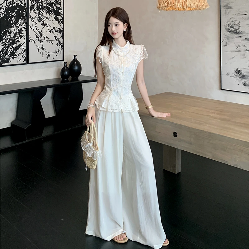 新中式禅意国风气质时尚套装小众女装夏季收腰显瘦高腰百搭阔腿裤