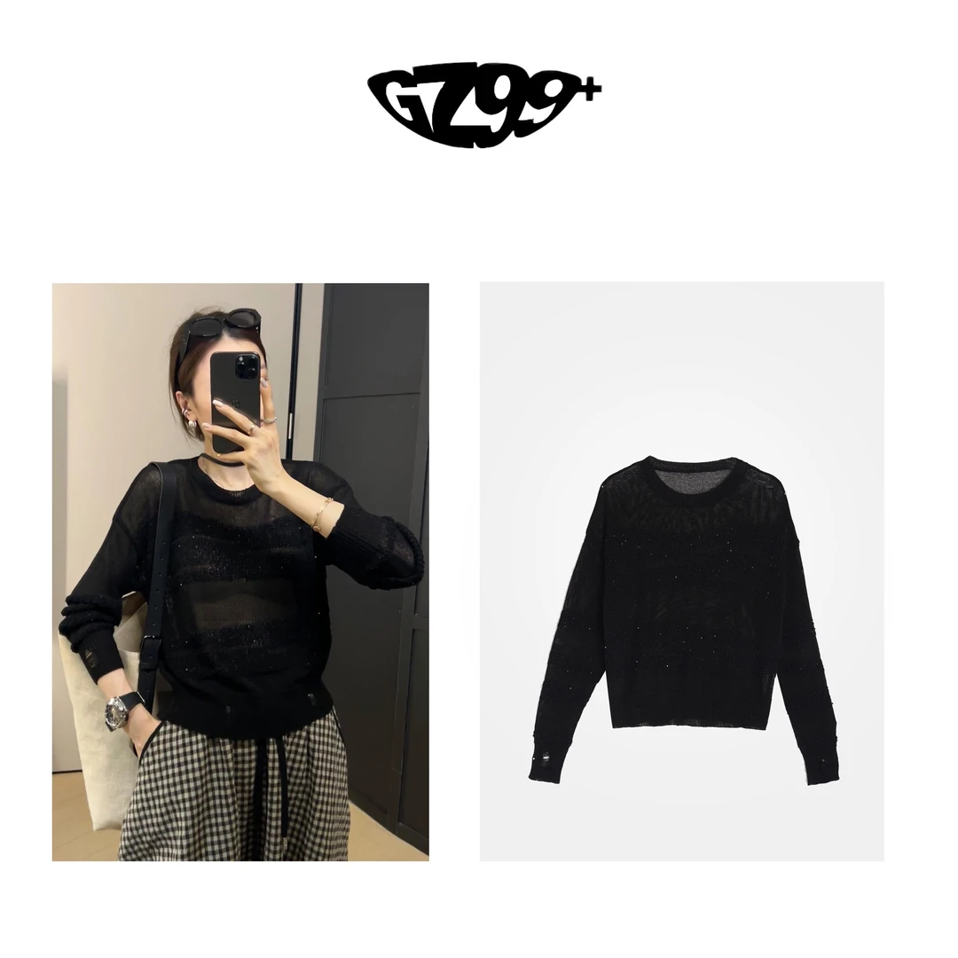 九儿【灵动星夜】 经典慵懒松弛感镂空亮片百搭套头针织衫-T5525