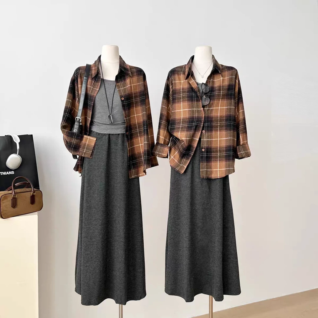 爆款推荐秋季新款美式复古磨毛橘黑格子长袖衬衫女宽松慵懒风上衣