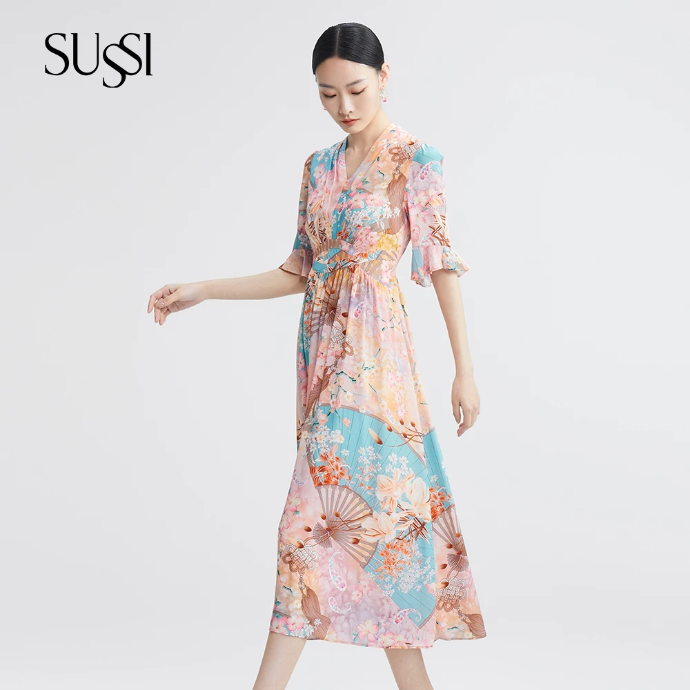 SUSSI/古色夏商场同款夕岚粉修身度假印花连衣裙女