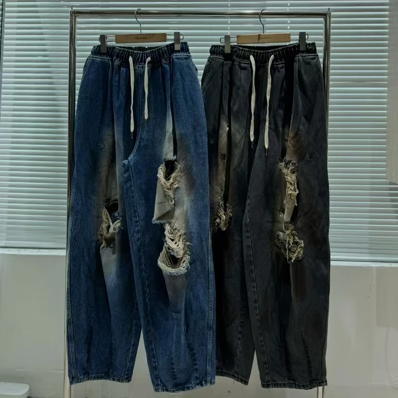 DRESS ROYALTY破洞弯刀牛裤设计夏季新款破洞宽松重磅牛仔裤