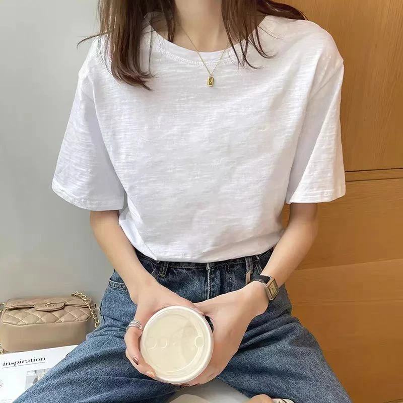 简约白色圆领竹节棉短袖T男女同款夏季薄款宽松百搭休闲打底上衣